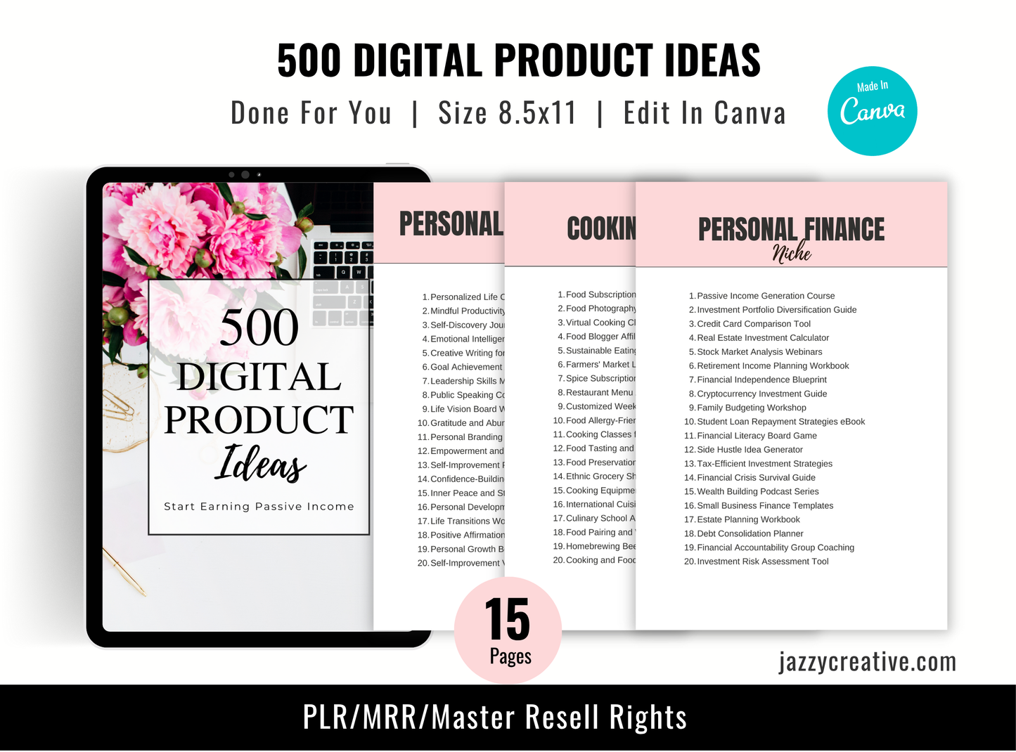 500 Digital Product Ideas, PLR, MRR, Master Resell Rights, Edit In Canva