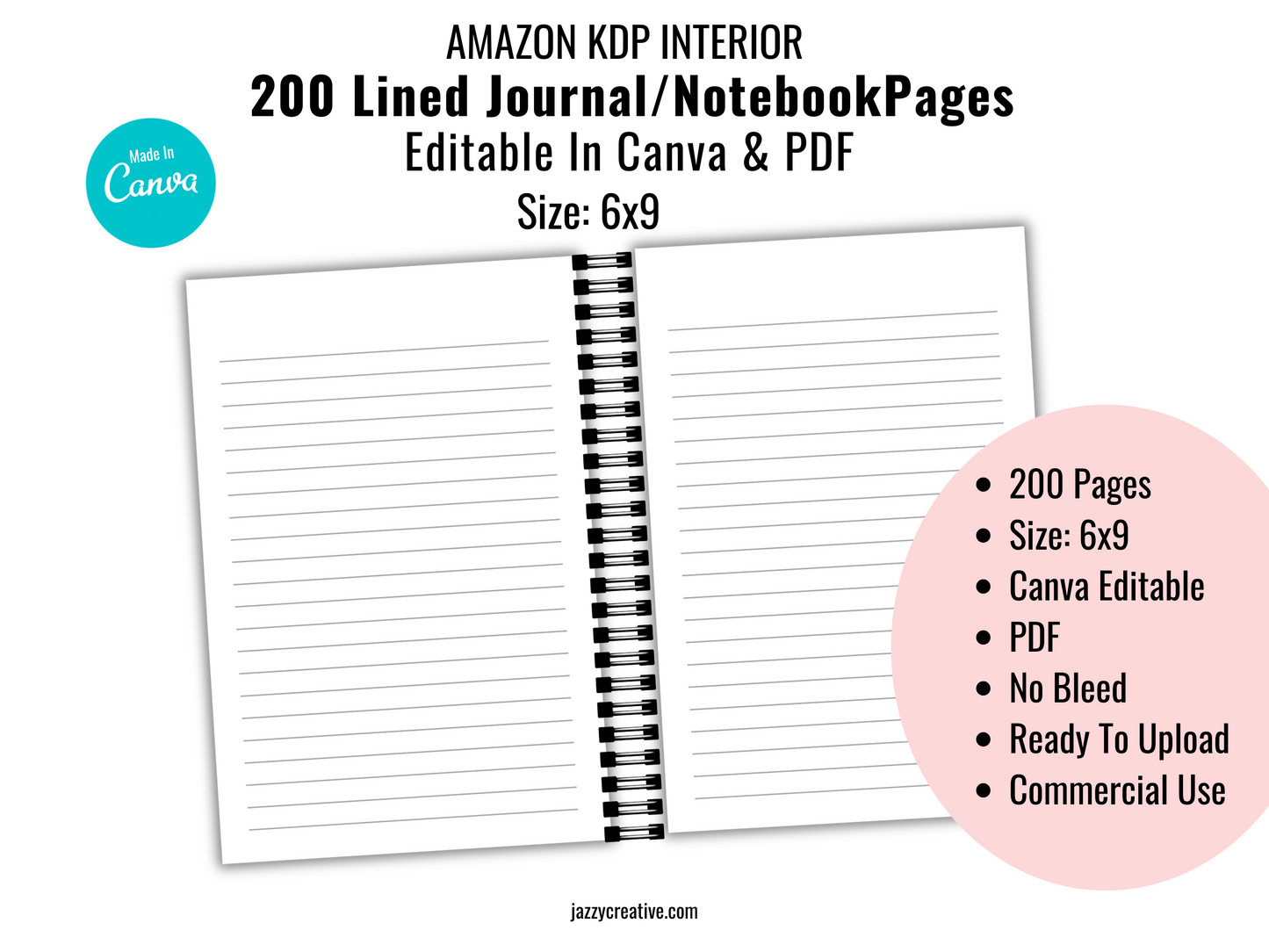 KDP Interior Templates: 200 Lined Journal Pages, Size 6x9, Canva Editable