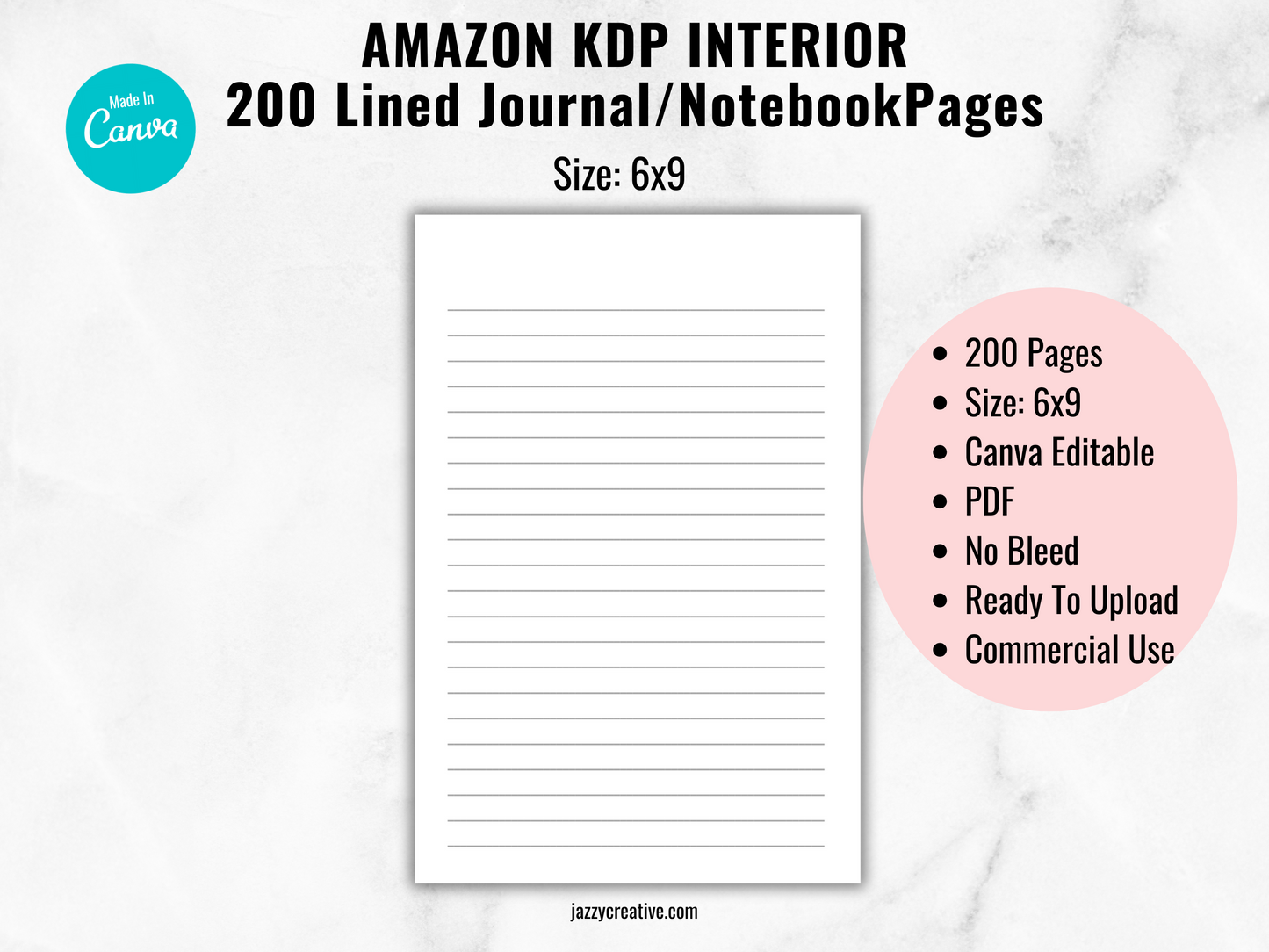 KDP Interior Templates: 200 Lined Journal Pages, Size 6x9, Canva Editable