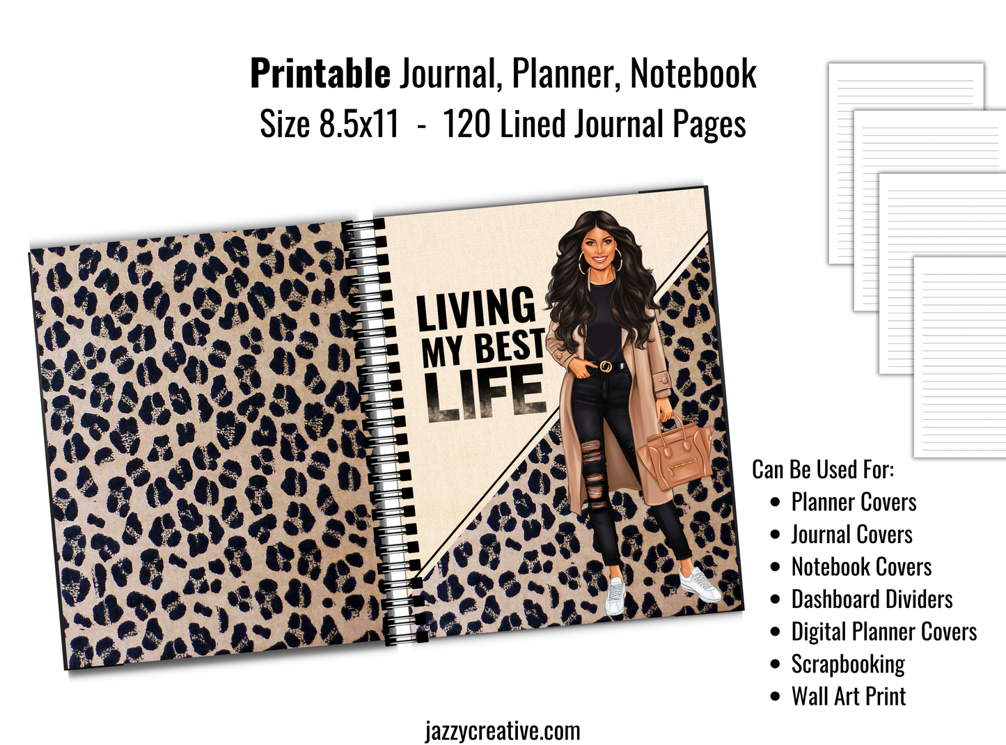 Journal Kits: Living My Best Life, Journal Cover, 120 Lined Journal Pages, Size 8.5x11, Printable Or Digital