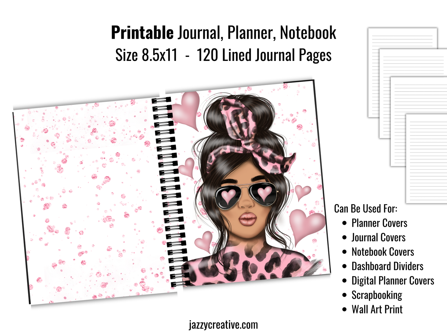 Journal Kit: Lady Pink Hearts, Journal Planner Notebook Covers, 120 Lined Journal Pages, Size 8.5x11, Printable Or Digital
