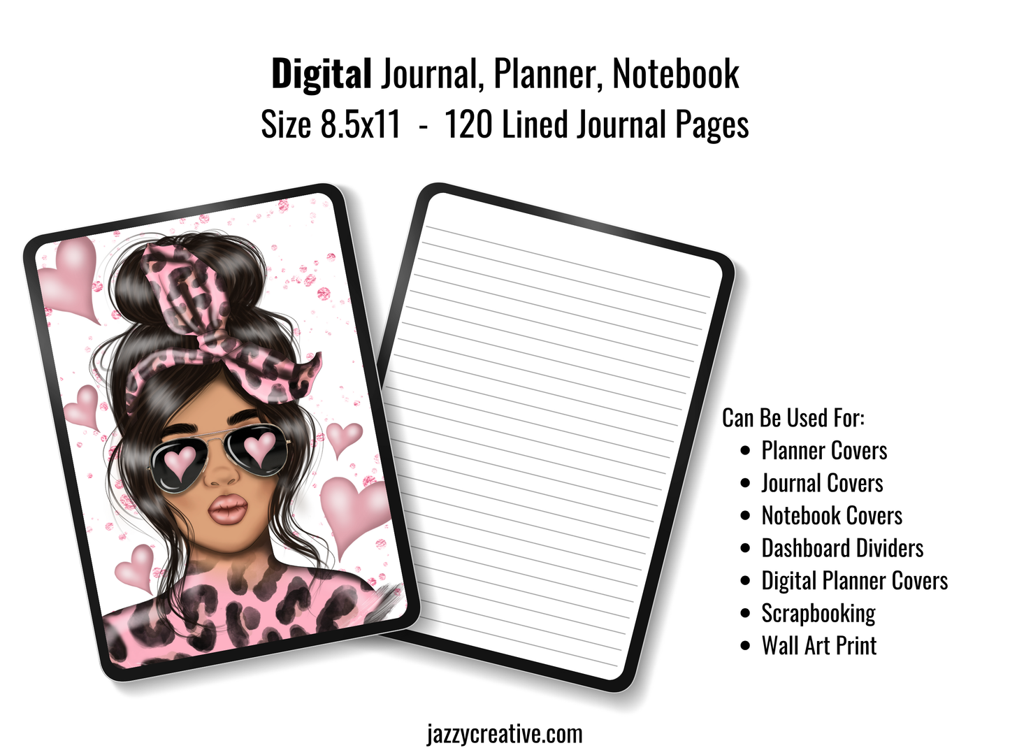 Journal Kit: Lady Pink Hearts, Journal Planner Notebook Covers, 120 Lined Journal Pages, Size 8.5x11, Printable Or Digital