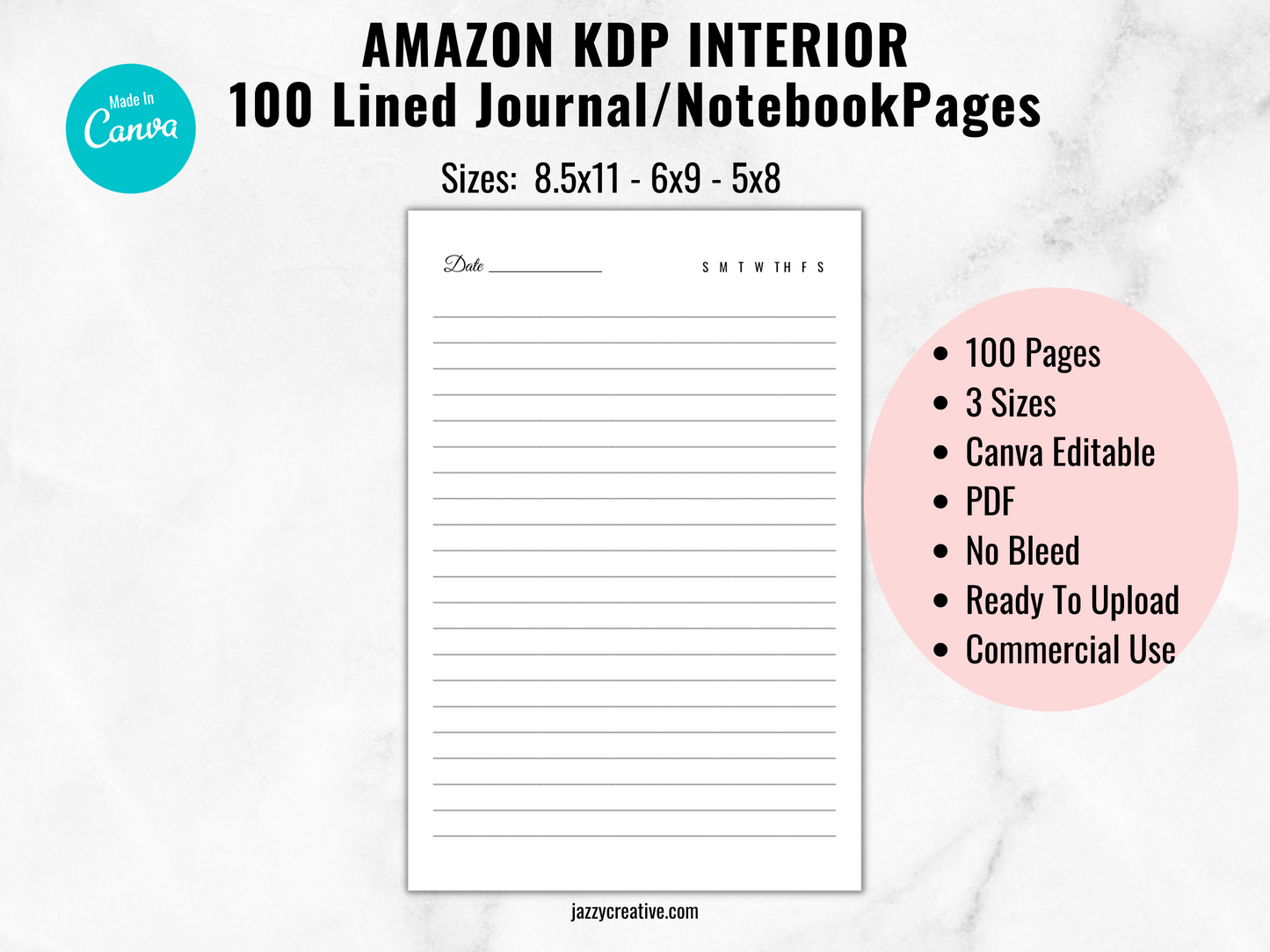KDP Interior Templates: 100 Lined Journal Date Pages, 3 Sizes 6x9-8.5x11-5x8, Canva Editable