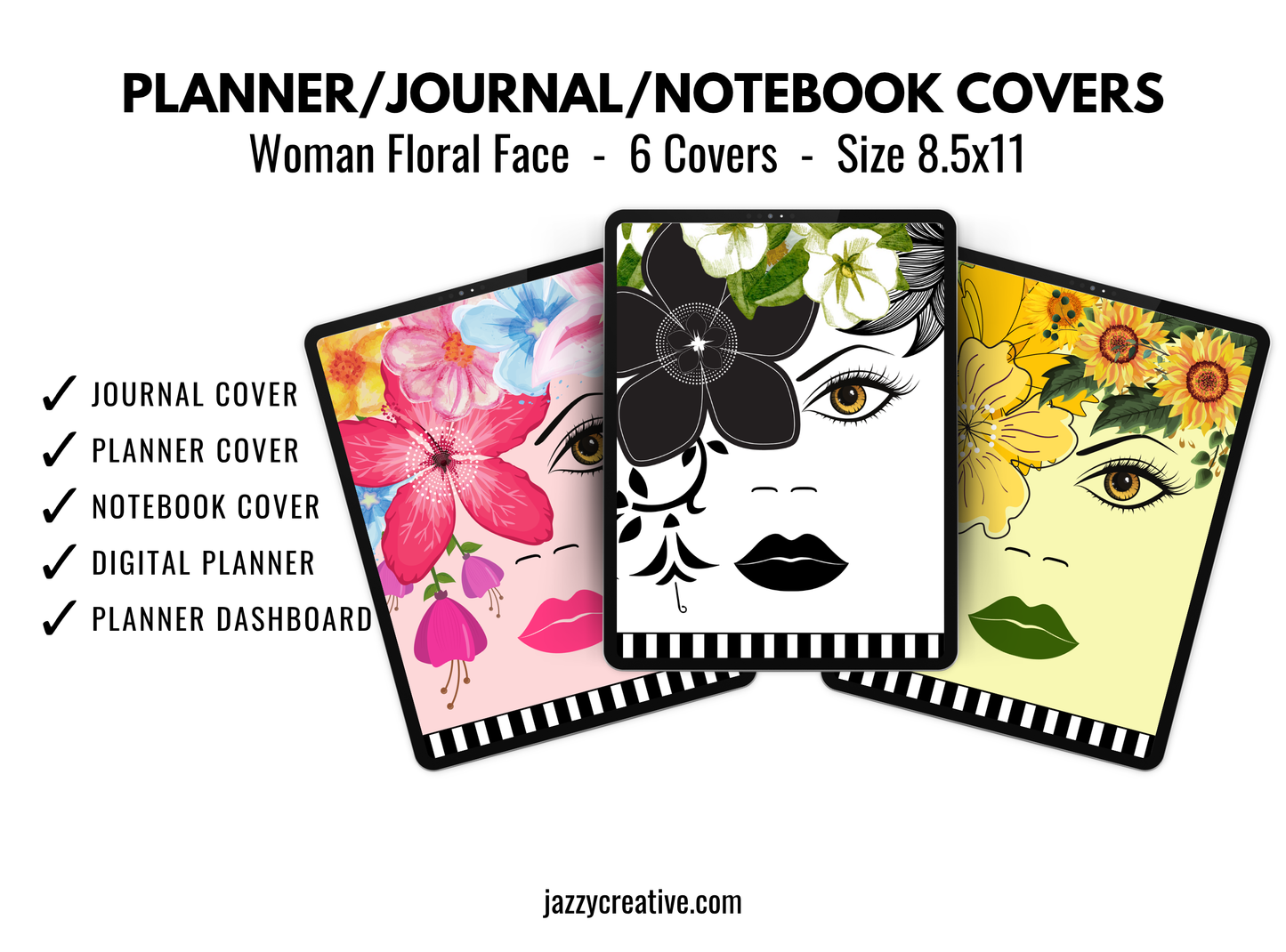 Woman Flower Face, 6 Journal Planner Notebook Covers, Size 8.5x11, Printable Or Digital