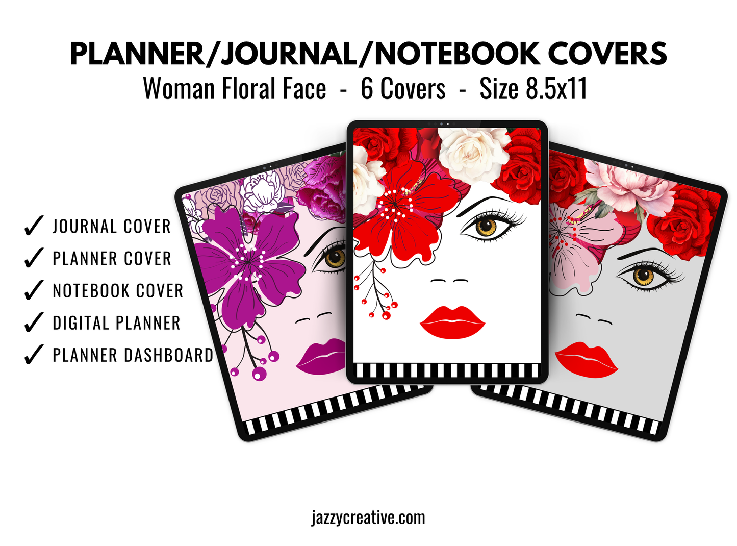 Woman Flower Face, 6 Journal Planner Notebook Covers, Size 8.5x11, Printable Or Digital