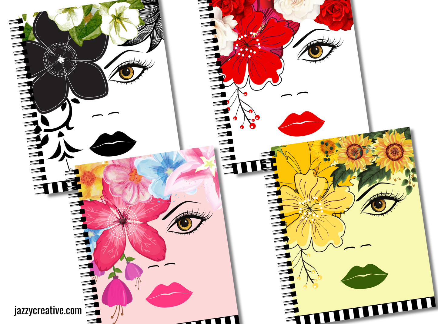 Woman Flower Face, 6 Journal Planner Notebook Covers, Size 8.5x11, Printable Or Digital