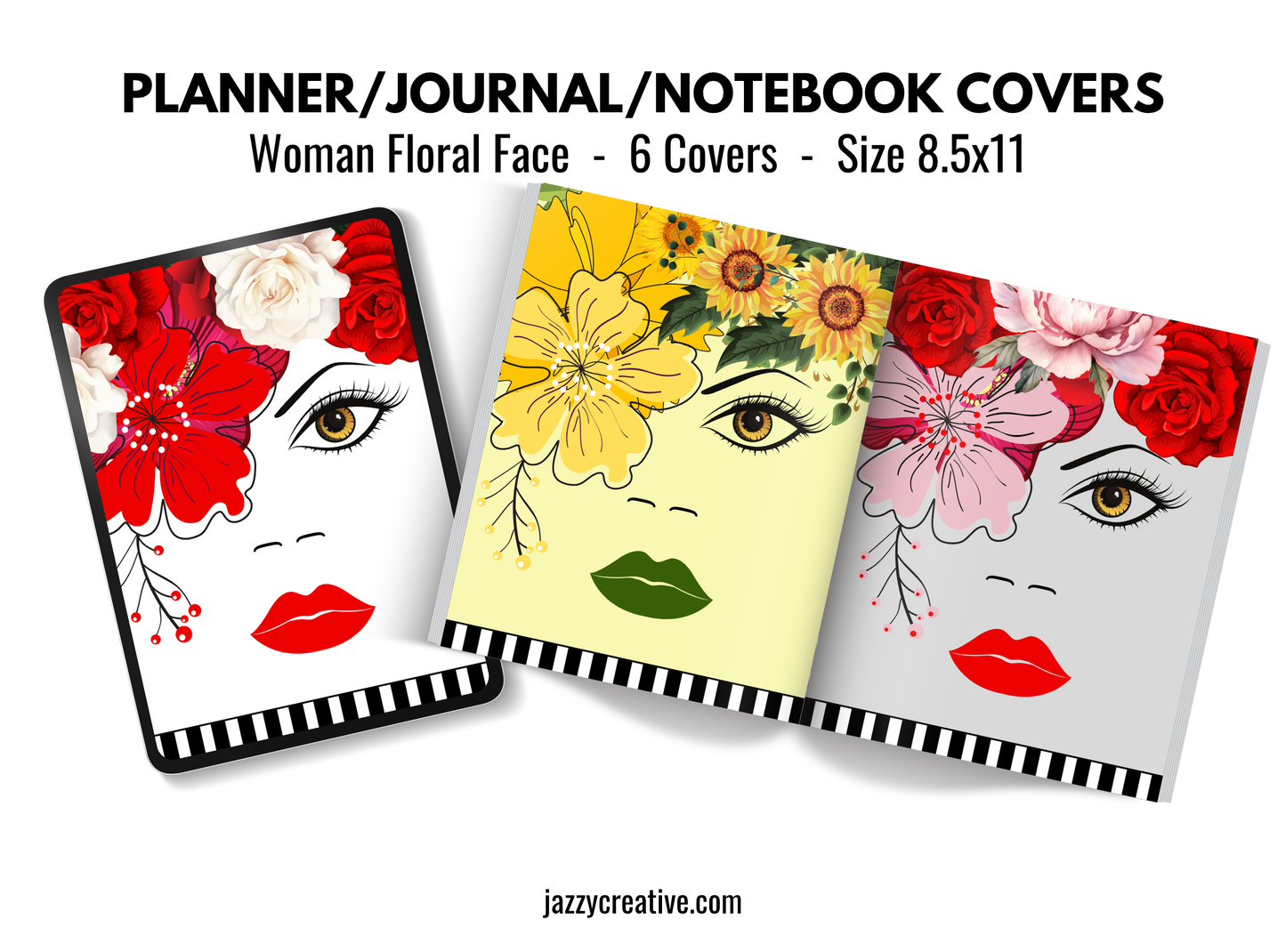 Woman Flower Face, 6 Journal Planner Notebook Covers, Size 8.5x11, Printable Or Digital