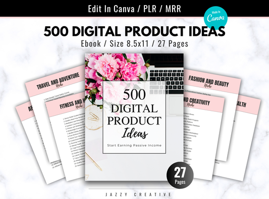 500 Digital Product Ideas, PLR, MRR, Master Resell Rights, Edit In Canva