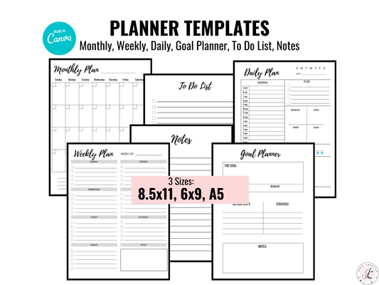 Planner Templates: Monthly-Weekly-Daily-Goal Planner, To Do List, Size 8.5x11 - 6x9 - A5, Canva Editable
