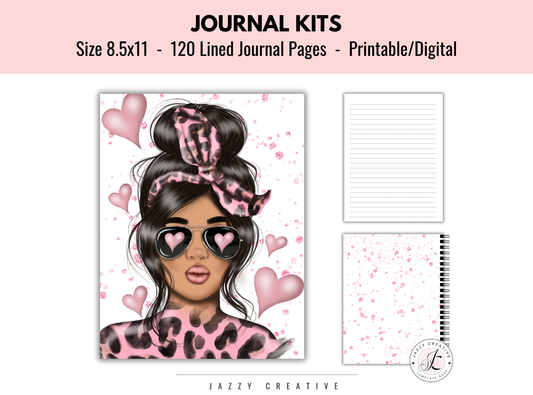 Journal Kit: Lady Pink Hearts, Journal Planner Notebook Covers, 120 Lined Journal Pages, Size 8.5x11, Printable Or Digital