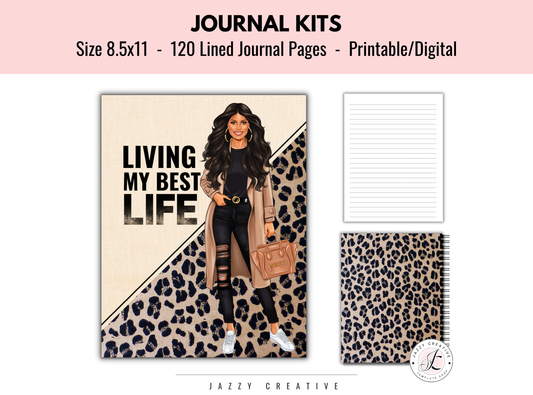 Journal Kits: Living My Best Life, Journal Cover, 120 Lined Journal Pages, Size 8.5x11, Printable Or Digital